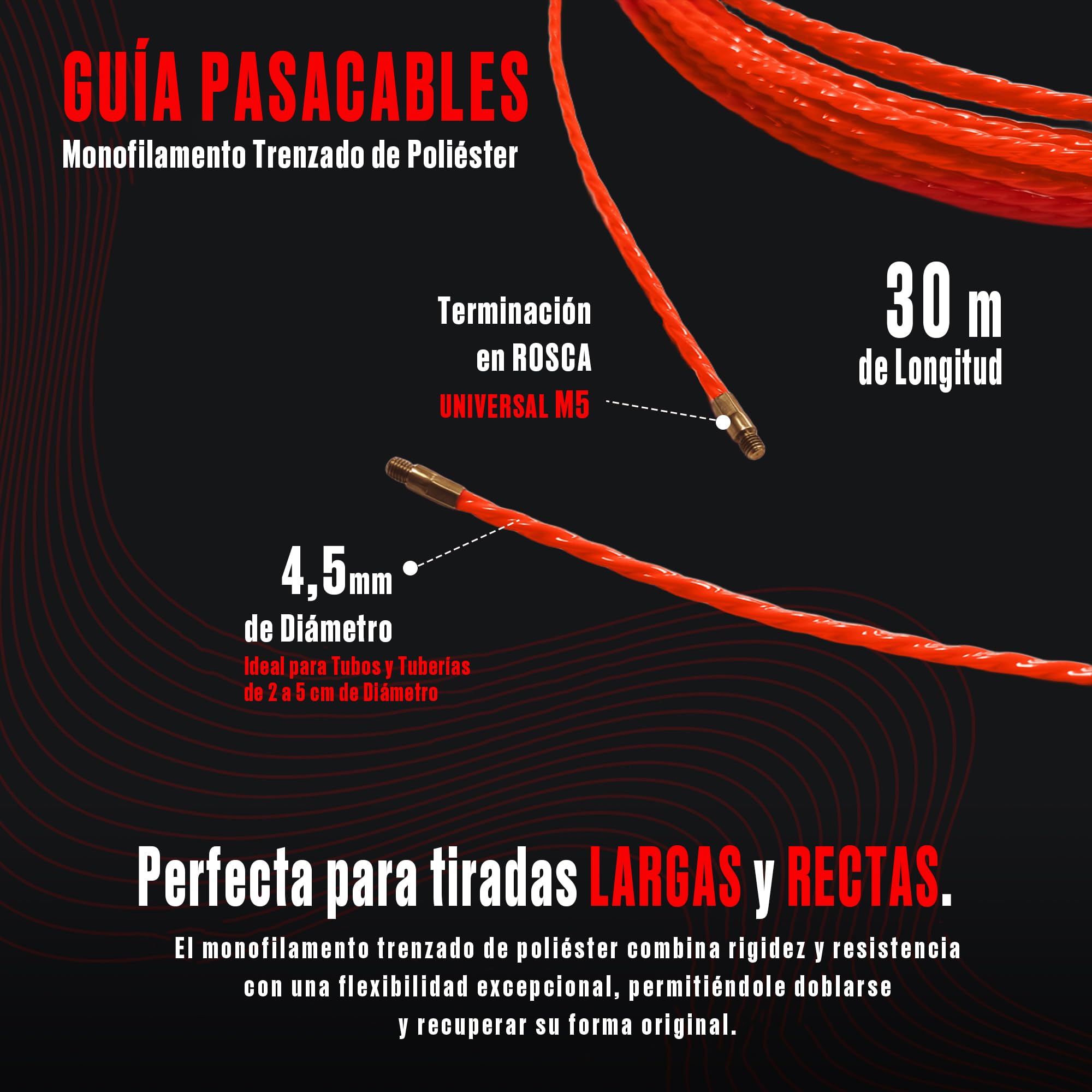Guía Pasacables Profesional de 30m y 4.5 mm | Monofilamento Trenzado de Poliéster | Tirador Ergonómico y 3 Terminales Intercambiables | Herramienta para Electricistas y Bricolaje