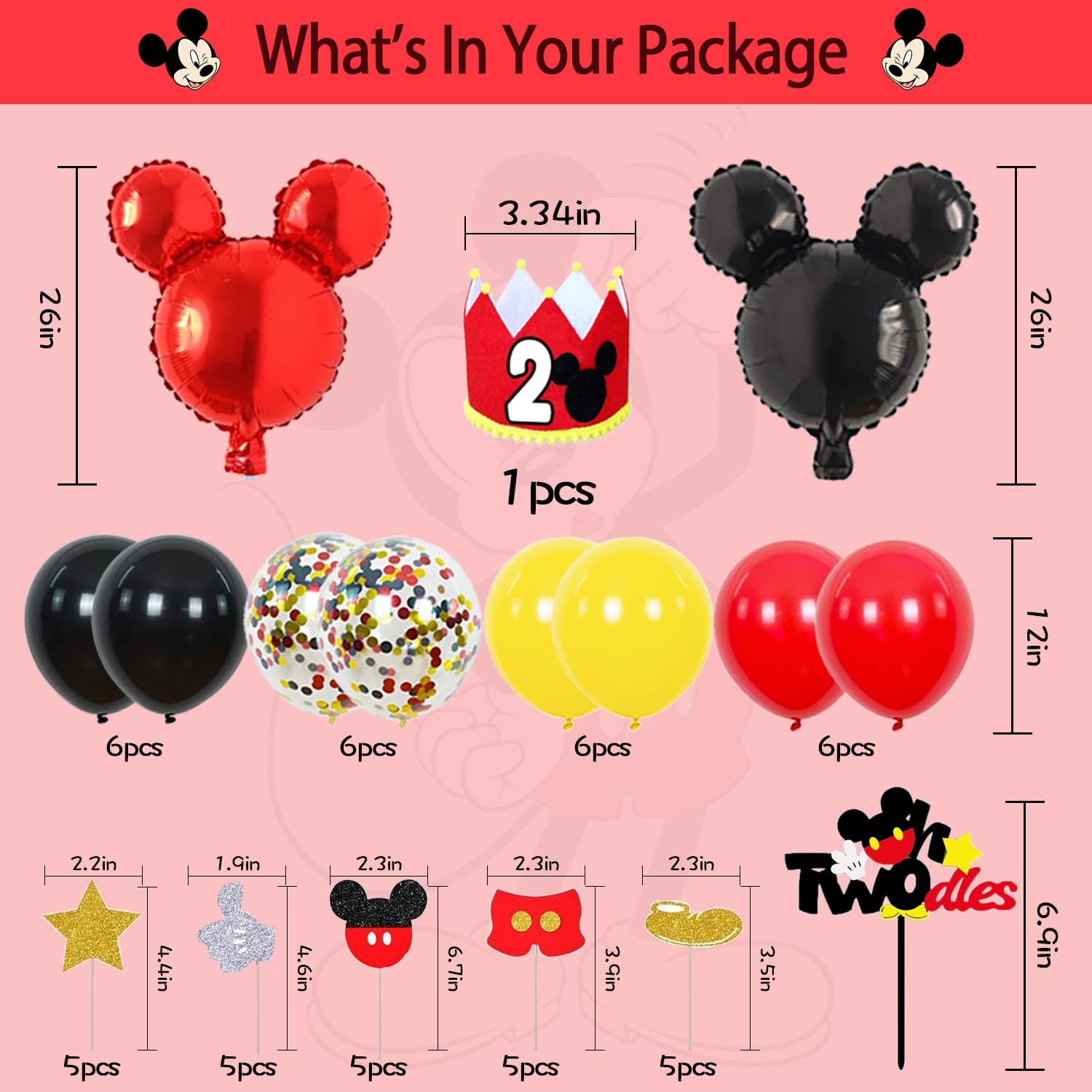 2nd Mickey Mouse Birthday Party Supplies Decorations 57Pcs - HAPPY BIRTHDAY Banner OH TWODLES Banner Red/Yellow/Black/Confetti Balloons Number 2 Foil Balloon Mickey Mouse Balloons Hat Door Sign Cupcake Toppers Cake Topper Birthday Decorations for Boys Girls Kids Babies: Toys & Games