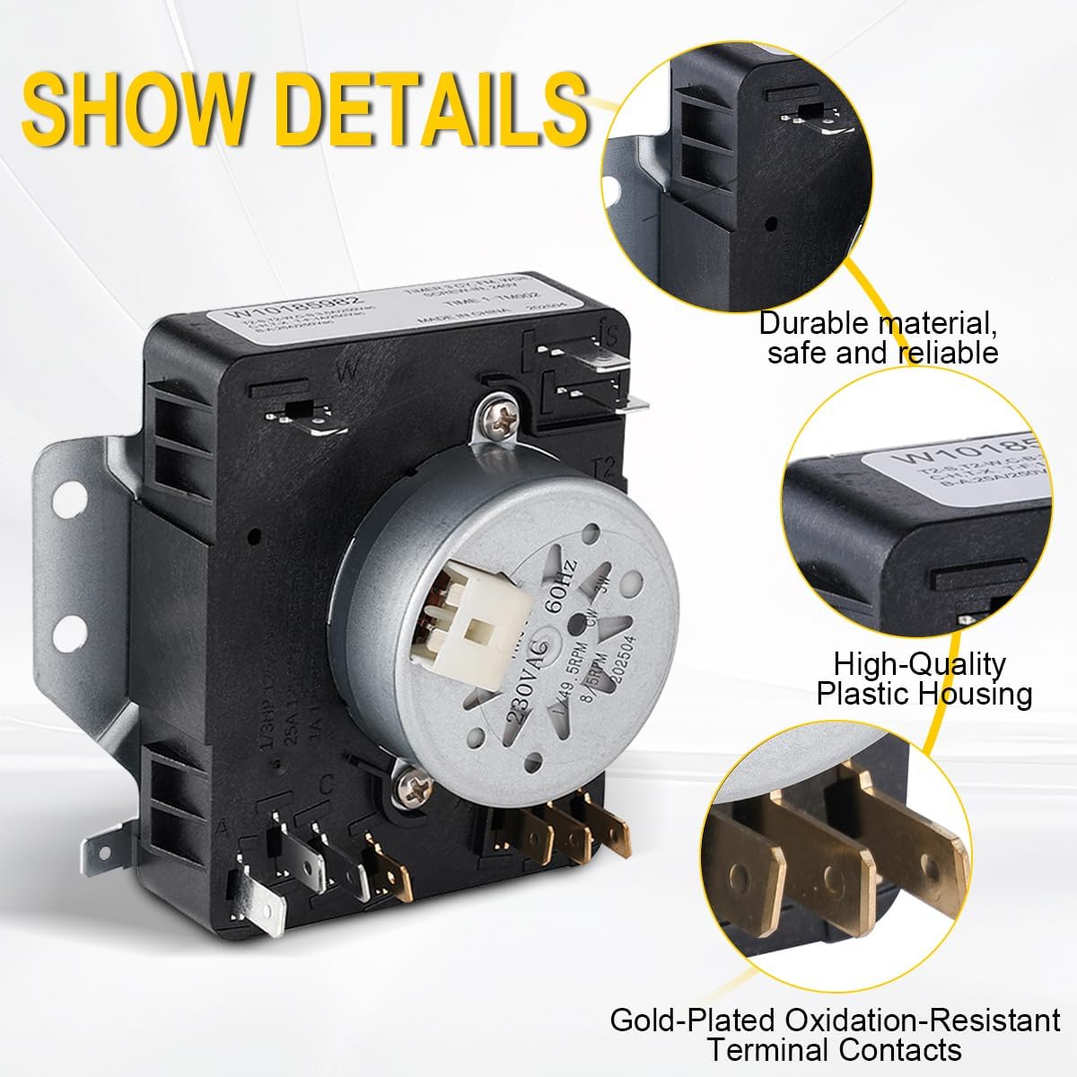 Dryer Timer for Maytag MEDC215EW1, Whirlpool WED4815EW1, WED4800XQ0, WED5100VQ1, WED4950HW0, WED4800BQ1, WED5200VQ1 Replacement.