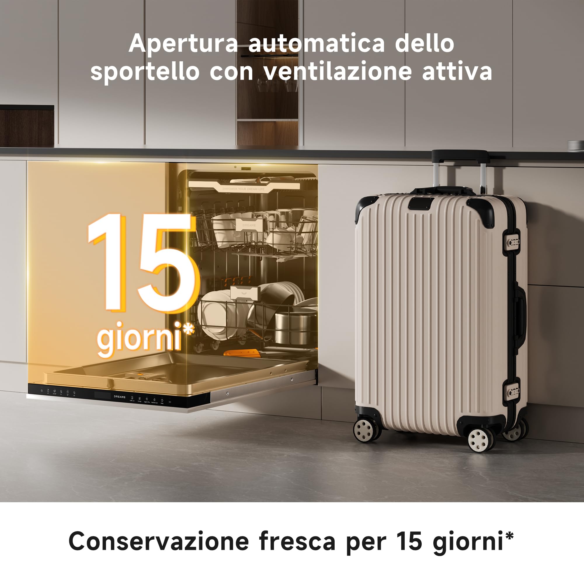 DREAME DZ60 Pro Lavastoviglie da Incasso 60cm con Frontalino, 15 Coperti, Controllo Smart, Braccio Irroratore FlexWing, Pulizia Profonda a 75 °c, Doppia Asciugatura Lavastoviglie Libera Installazione