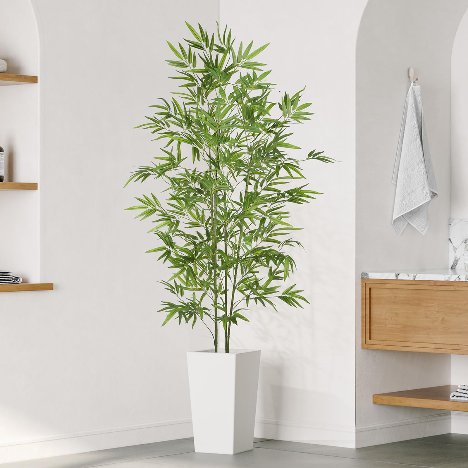 YOLEO 6FT Artificial Bamboo Tree with White Tall Planter, Lifelike Fake Silk Tree Indoor, Faux Bamboo Tall Plant for Living Room Bedroom Balcony Corner Office Decor