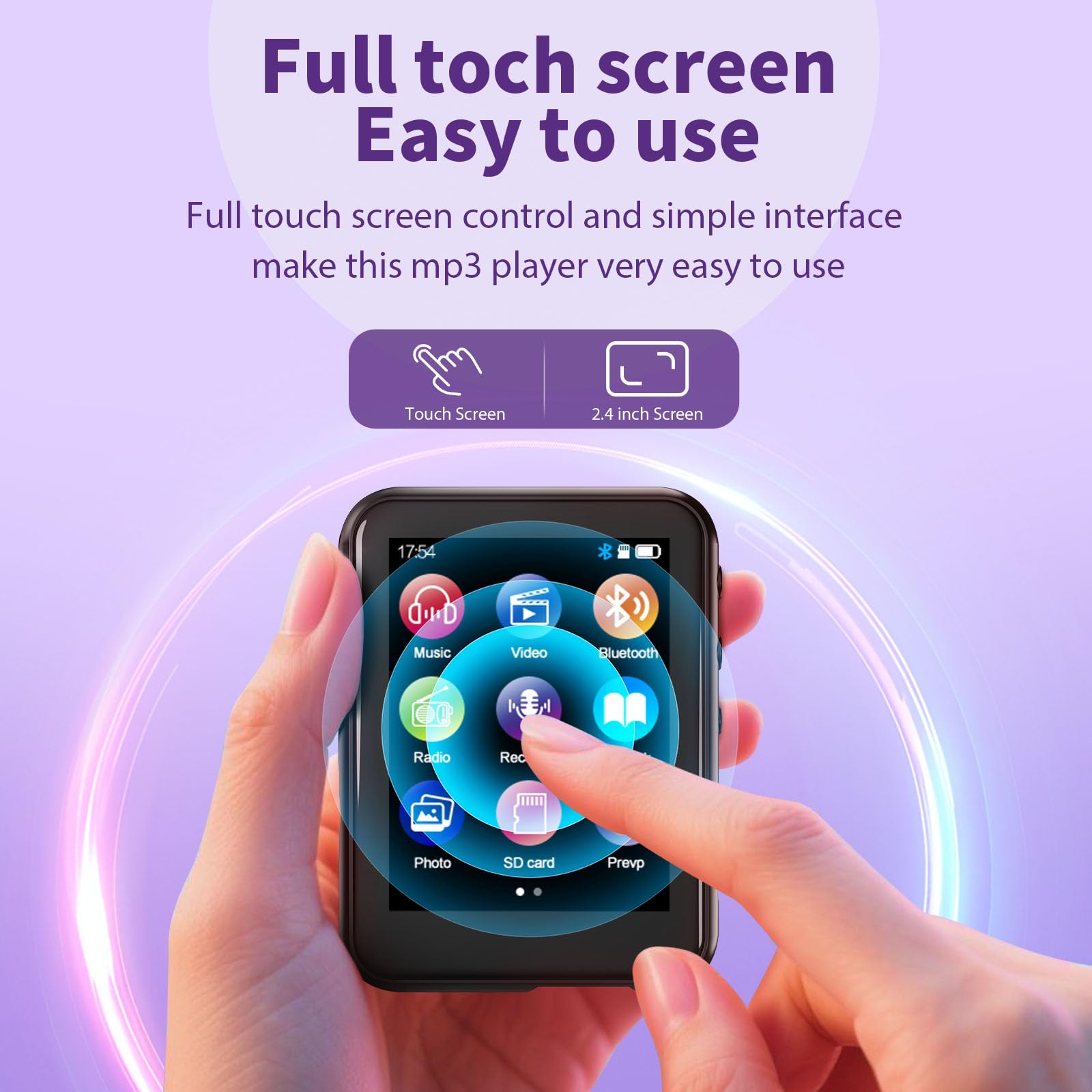 Reproductor MP3 de 64 GB con Bluetooth 5.3, pantalla táctil de 2,4 pulgadas, radio FM, grabación de voz, sonido Hi-Fi, función de libro electrónico, ampliación de memoria de hasta 512 GB
