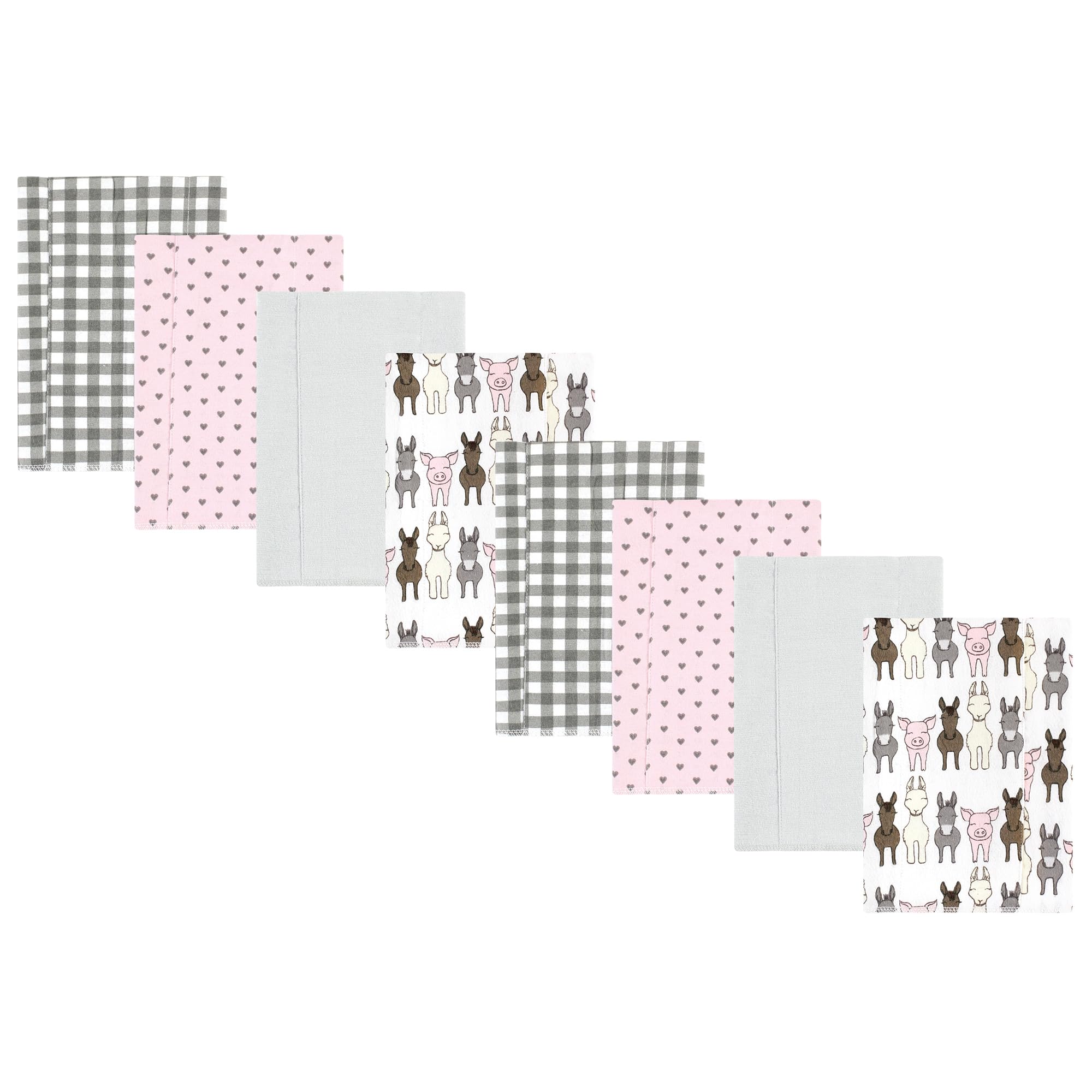 Hudson Baby Cotton Poly Flannel Burp Cloths Multipack, Farm Friends Pink 8-Pack, One Size