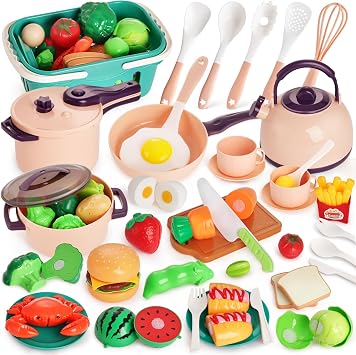 LovesTown 59PCS Pink Kitchen Toy Set, Pretend Play Food with Basket & Pots
