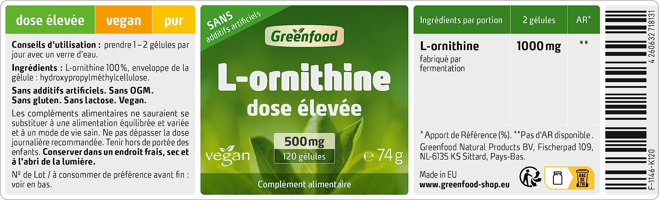 Greenfood L-ornithine, 500 mg, dose élevée, 120 gélules - acide aminé important. Produit par fermentation naturelle. SANS additifs artificiels, sans organisme génétiquement modifié. Vegan