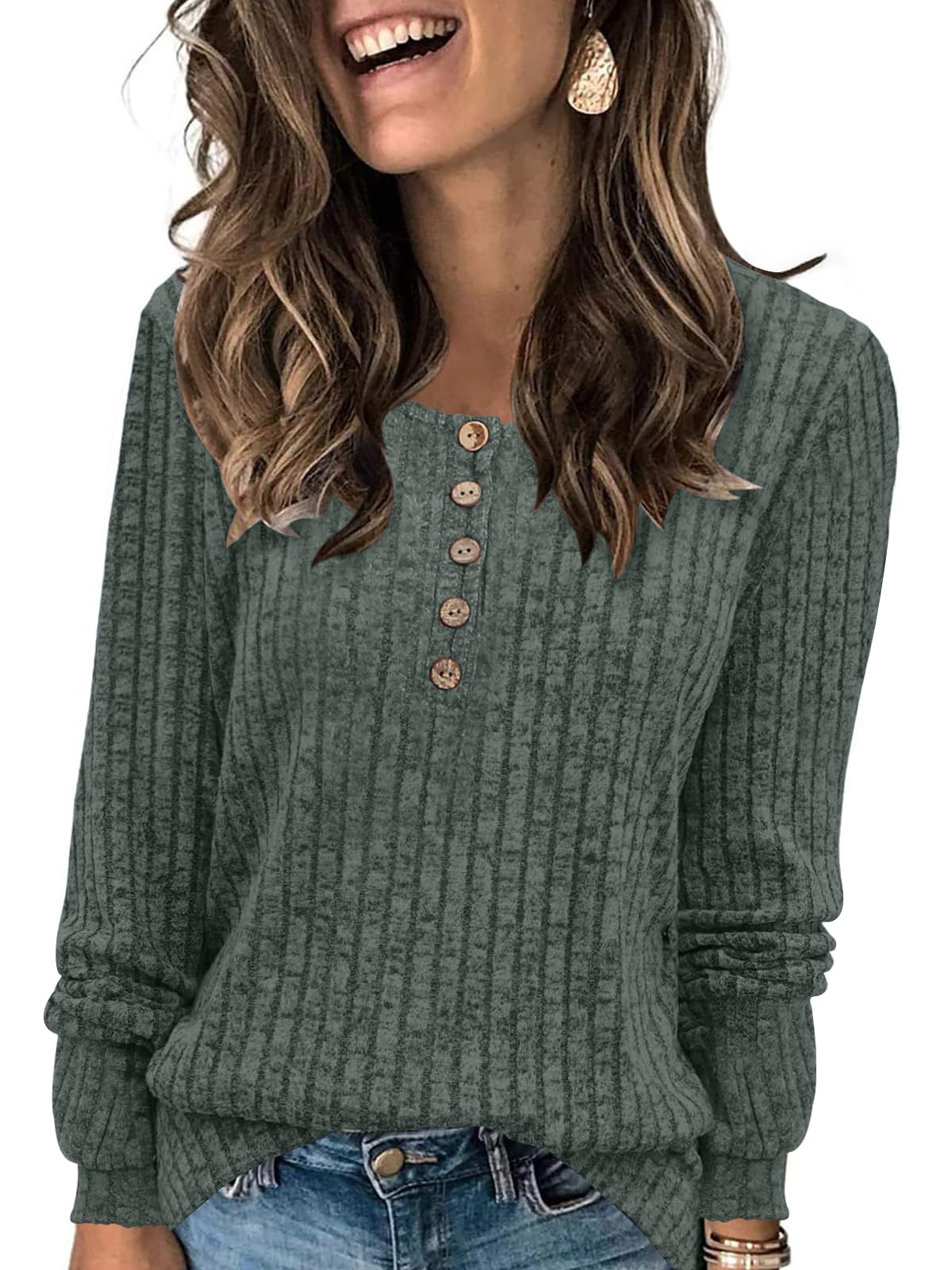 DB MOON Womens Lightweight Sweaters 2026 Long Sleeve Henley Shirt Fall Casual Crewneck Tunic Tops