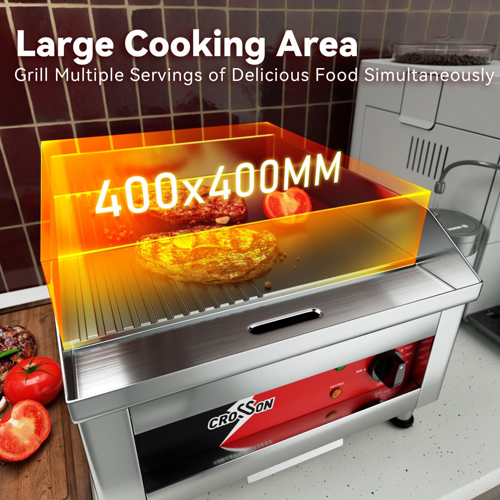 CROSSON Plancha Eléctrica Comercial 2500W, Plancha Eléctrica Cocinar Profesional de Fundición de 10mm de Espesor Anti-adhesivo 40x40 cm,Temperatura de 88-300 °C,para Restaurante,Cocinas