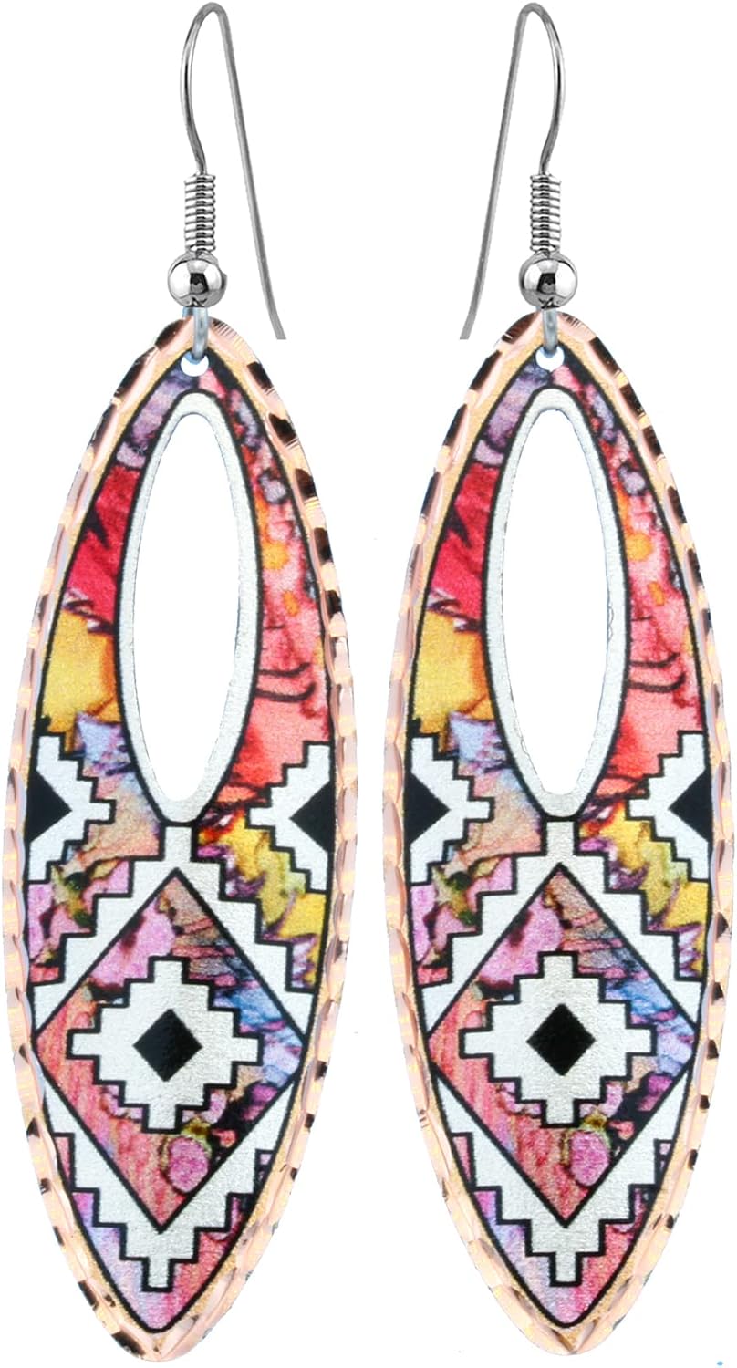 FRONT LINE JEWELRY Artisan Copper Native Earrings – Elliptical Cut-Out Elongated Teardrop Design with Turtle, Dragonfly, Butterfly, Bear, Hummingbird, Maple Leaf, Flower, Horse & Haida-Inspired Motifs