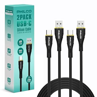 Philco USB to USB C Cable, 20W Type C Fast Charging, Soft-Touch Silicone Cord, Durable, Tangle-Free Power Cable for MacBook, iPhone 16, iPad, Samsung, Android & More 4FT. 2PK.,Black