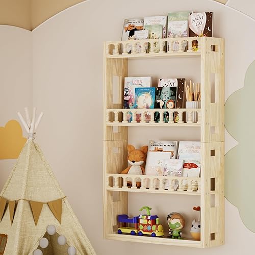 QimCoor Juego de 2 estantes flotantes para libros de guardería, estantería de pared de 16.5 pulgadas para niños, estantería de madera maciza natural