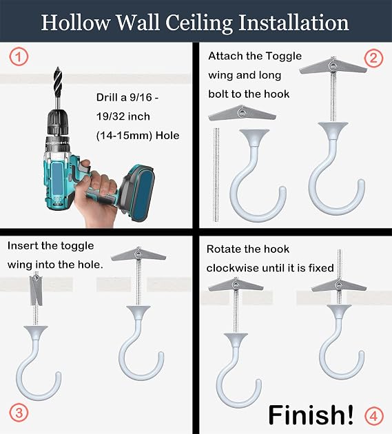 4 Sets Heavy Duty Swag Ceiling Hooks with Hardware for Hanging Plants, Cavity Wall Fixing, Easy Installation, Holds Up to 30lbs, Ideal for Home & Garden (4 Sets, White)