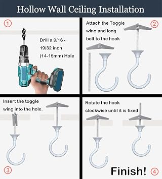 4 Sets Heavy Duty Swag Ceiling Hooks with Hardware for Hanging Plants, Cavity Wall Fixing, Easy Installation, Holds Up to 30lbs, Ideal for Home & Garden (4 Sets, White)
