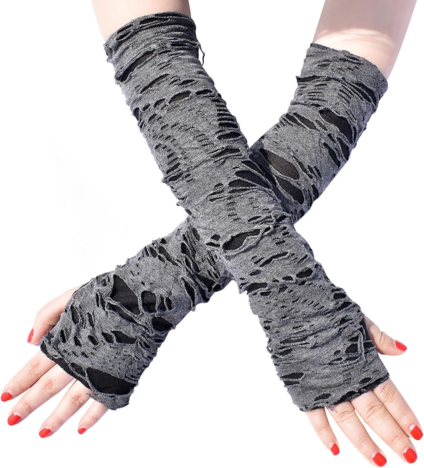 Unisex Gothic Fingerless Gloves, Punk Torn Arm Warmers Broken Slit Ripped Glove for Halloween Cosplay Accessories
