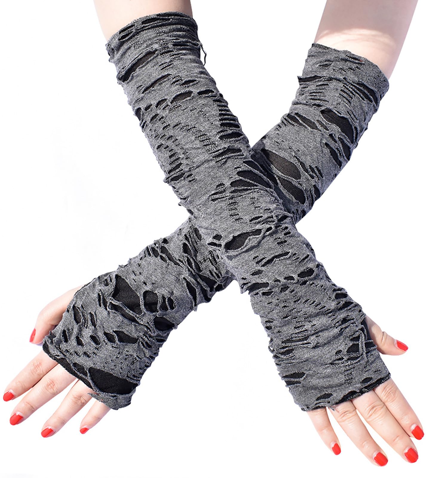 AucuteUnisex Gothic Fingerless Gloves, Punk Torn Arm Warmers Broken Slit Ripped Glove for Halloween Cosplay Accessories