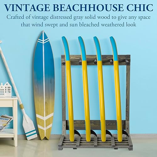 Miniatura 9 de MyGift Estante vertical independiente de madera quemada rústica de 4 pies de alto, estante de almacenamiento para tablas de surf Wakeboard SUP -