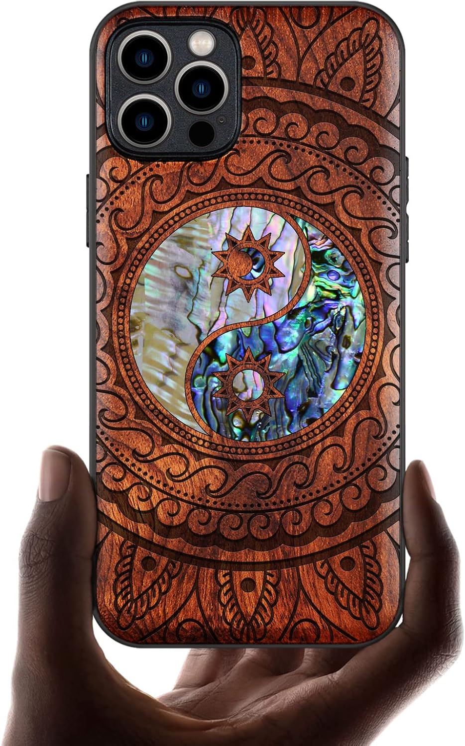 Carveit Designer Wooden Protective Case for iPhone 12 Pro Max Magnetic Cover [Wood Engraving & Shell Inlay] Compatible with 12 Pro Max MagSafe (Yin Yang Paisley-Rosy)