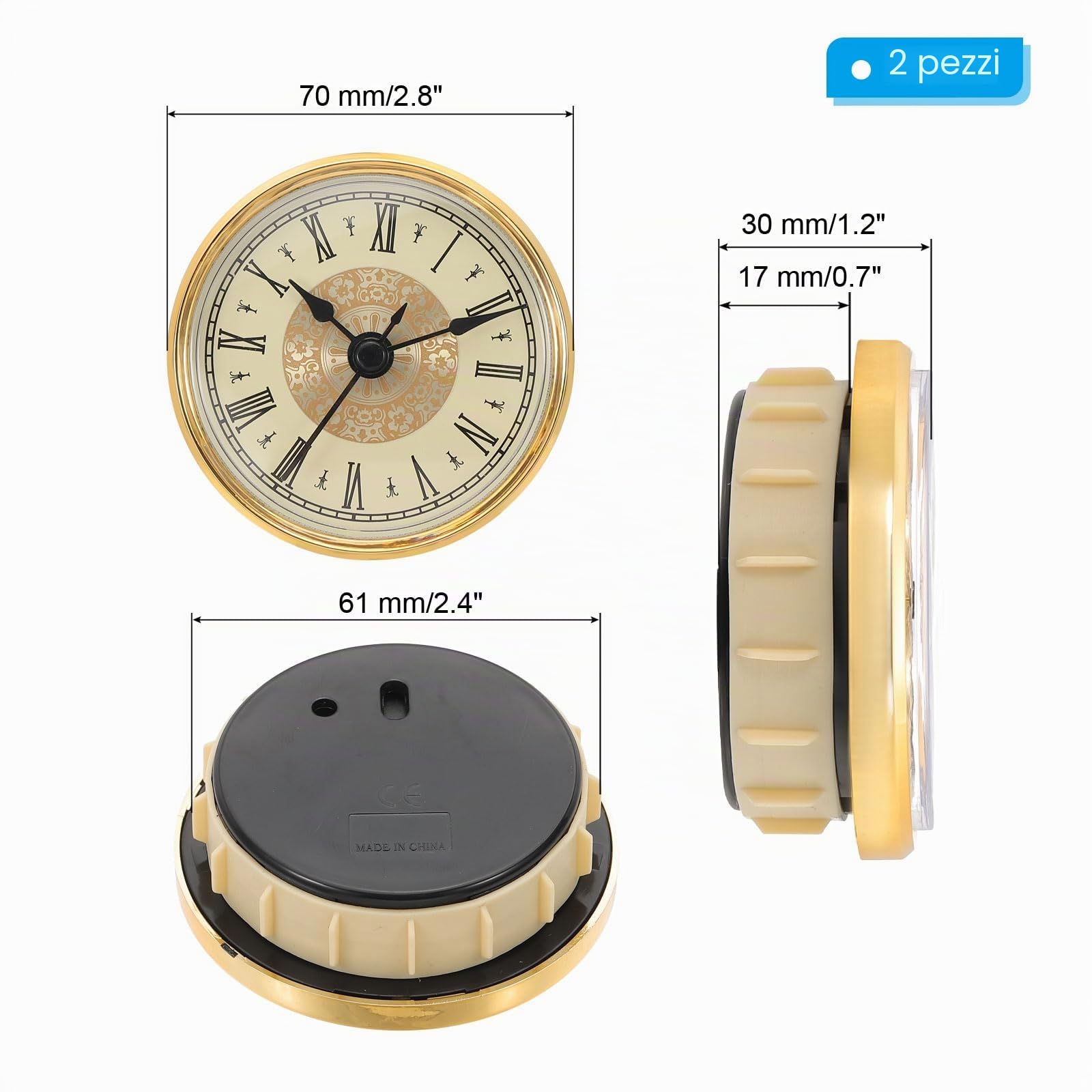 PATIKIL 70mm Inserto per Orologio al Quarzo, 2 Pezzi Orologio Miniatura con Movimento al Quarzo Rotondo Numeri Romani Adatto 61mm/2,4 Dia Foro per Sostituzione, Tono Oro, Stile 6