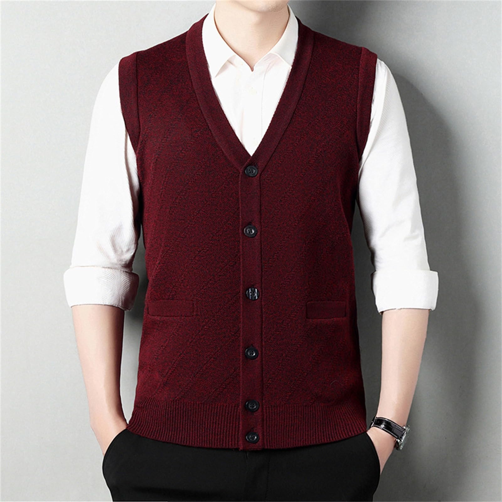 Generisch Chaleco de punto para hombre, sin mangas, patrón trenzado, mezcla de lana, chaleco sin mangas, suéter de punto, camisetas sin mangas, con botones, cómodo, clásico, cárdigan de punto grueso