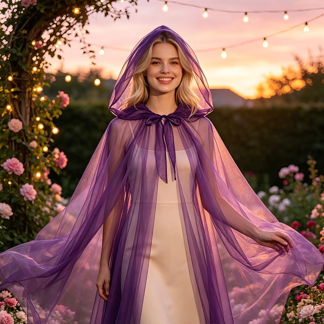 Hooded Cloak Sheer Tulle Witch Cape Gothic Halloween Cosplay Costume