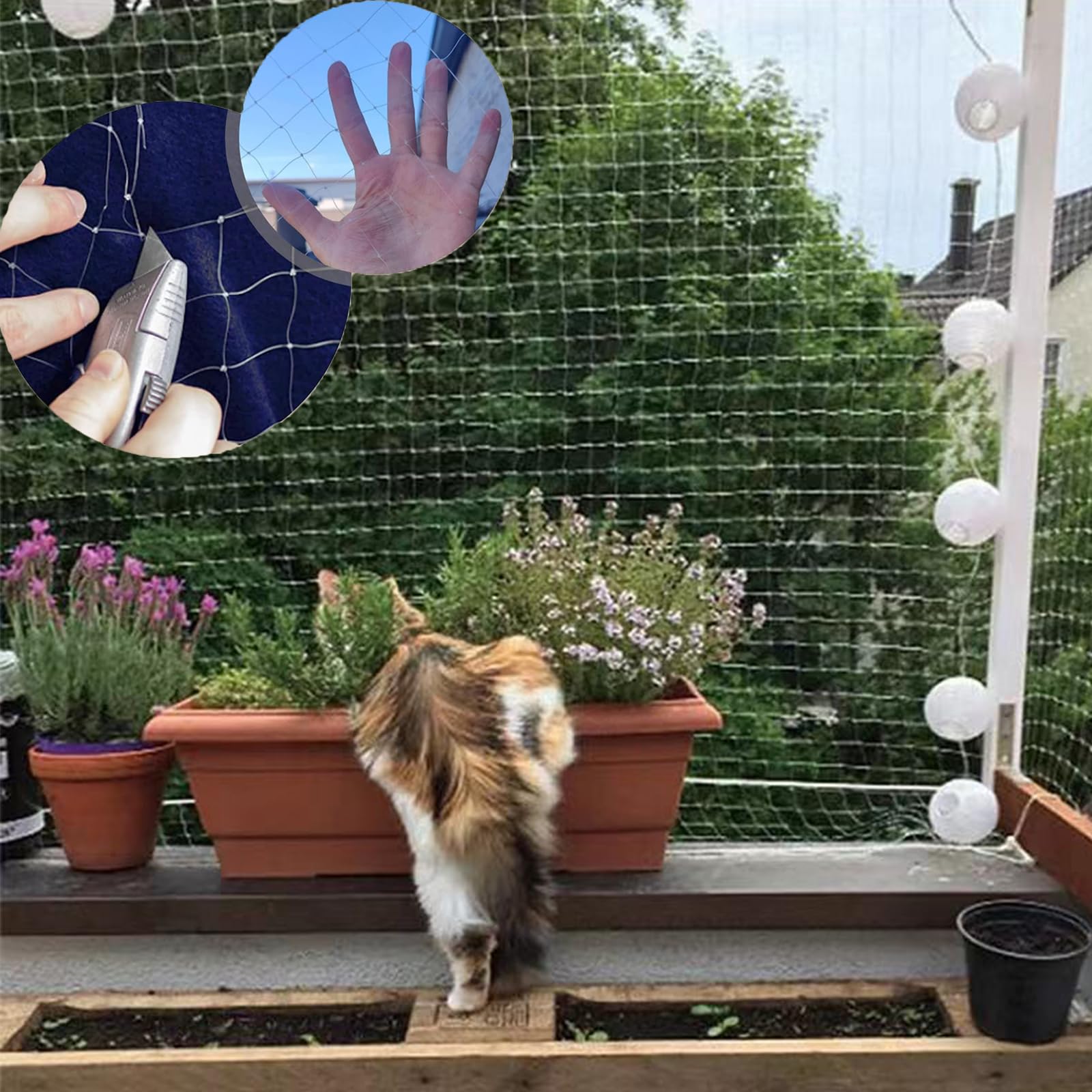 Rete Gatti, 4x3m Rete per Balcone Esterno, Rete Anti piccioni, con Rete Rinforzata - Installazione Senza Foratura, Resistente a Strappi/Morsi/Raggi UV - per Balconi Esterni, Scale, Finestre (6 x 3 m)
