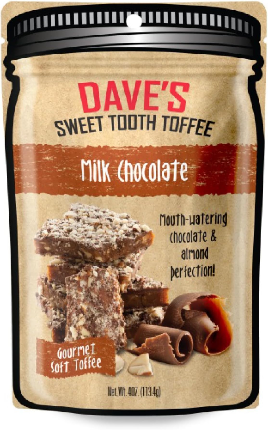 Dave's Sweet Tooth Toffee - Milk Chocolate Toffee (4 oz) - Handmade & Homemade Gourmet Soft Toffee with Real Butter, Real Sugar and Hand-Sliced Almonds, Naturally Gluten-Free