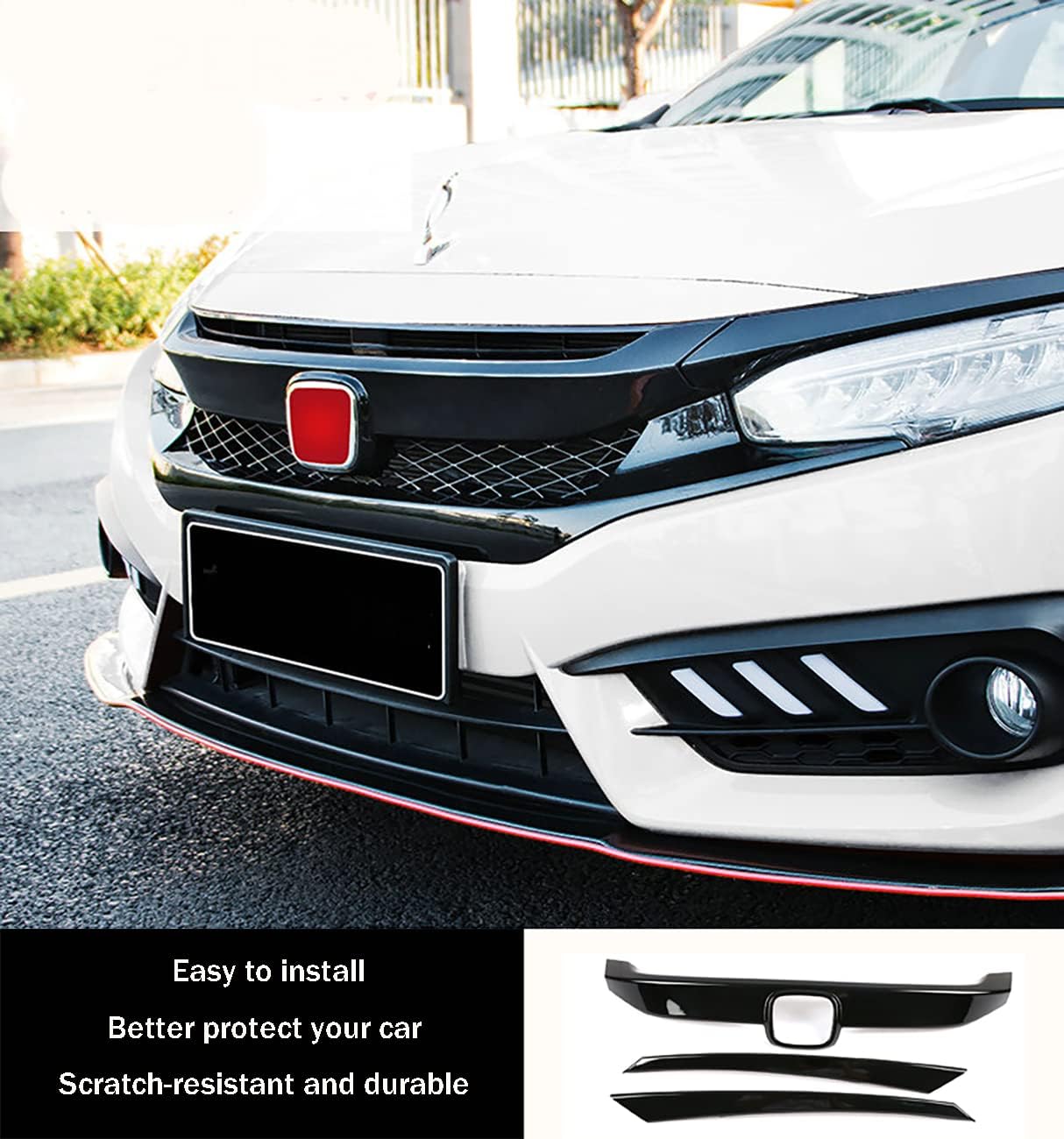 Car Accessories Fit for Honda Civic 10th Gen 2016-2021 Front Bumper Grille Cover Moulding Trim (Carbon Fiber Style) ABS 3 PCS
