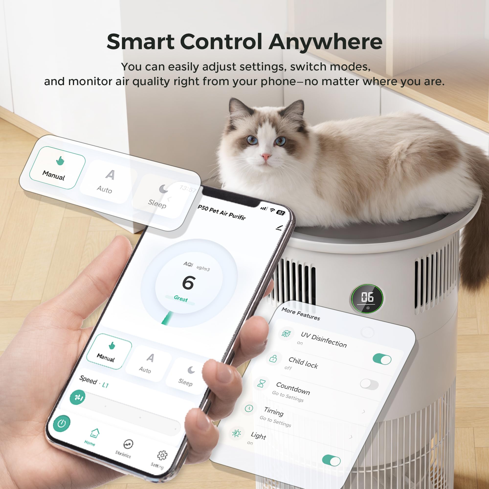 Airdog Purificadores de aire P50 para mascotas domésticas con filtros lavables que cubren hasta 1290 pies cuadrados, limpiador de aire para pelos de mascotas, alergias a olores de caspa, sueño