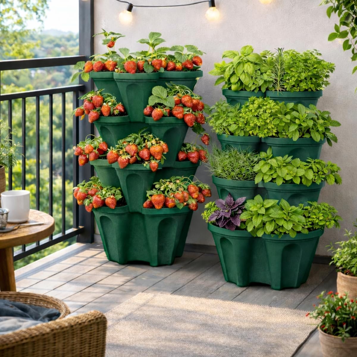 Large Vertical Planter Tower – 4 Tier Stackable Garden Planter, 28 Plant Sites, Commercial Grade Strawberry Planter, Heavy Duty Vertical Growing System with Center Support Hole (Deep Forest, Large)