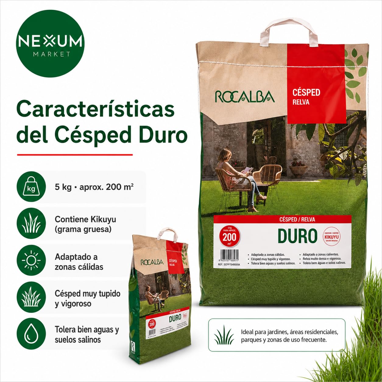 Semillas De Césped Con Kikuyu Duro Saco 5 kg – Resistente Pisoteo, Sequía y Agua Salina, Bajo Mantenimiento, Zonas Secas, Suelos Difíciles y Jardín Mediterráneo, Cobertura Hasta 200 m² | Nexum Market