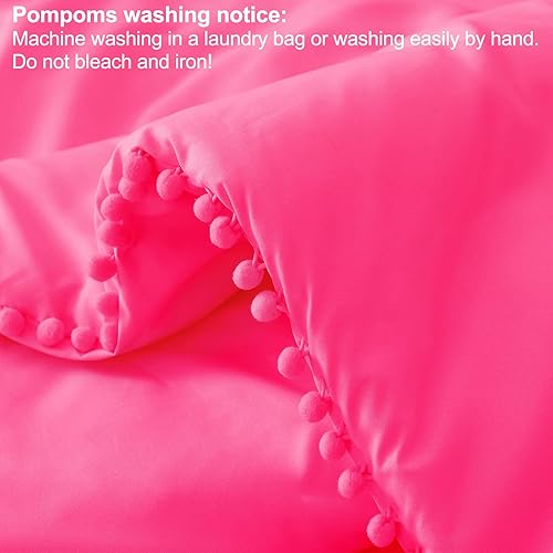 Miniatura 5 de Exclusivo Mezcla Juego de edredón bohemio con flecos y pompones, tamaño individual, 2 piezas, color rosa intenso, ligero, alternativo, para todas