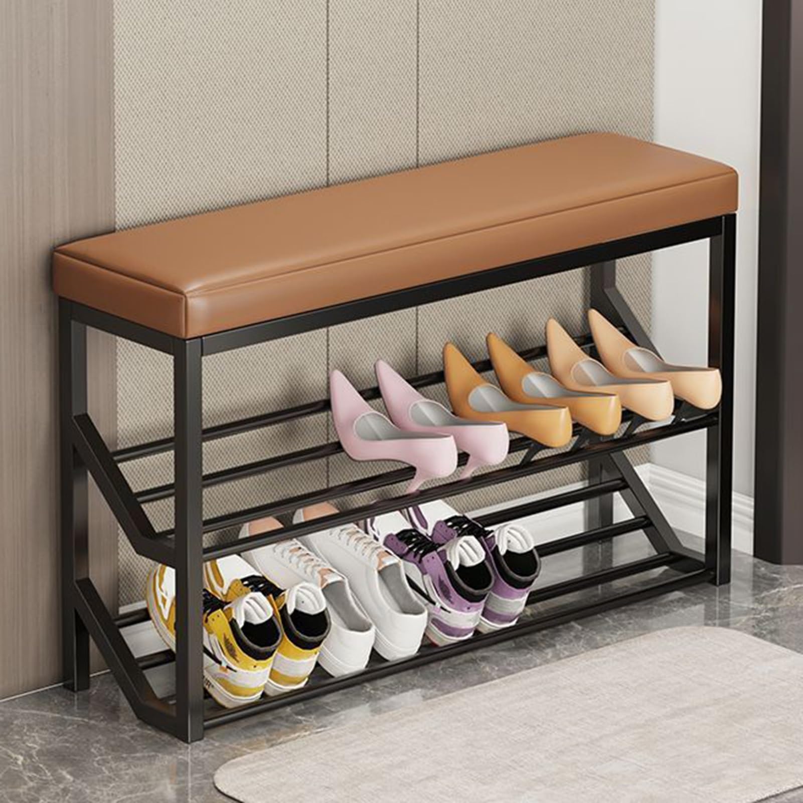 2-poziomowy metalowy stojak na buty z siedziskiem, schowek na buty wejściowe, duża pojemność, do przedpokoju, czarny, 60 cm – stylowe i funkcjonalne rozwiązanie na obuwie