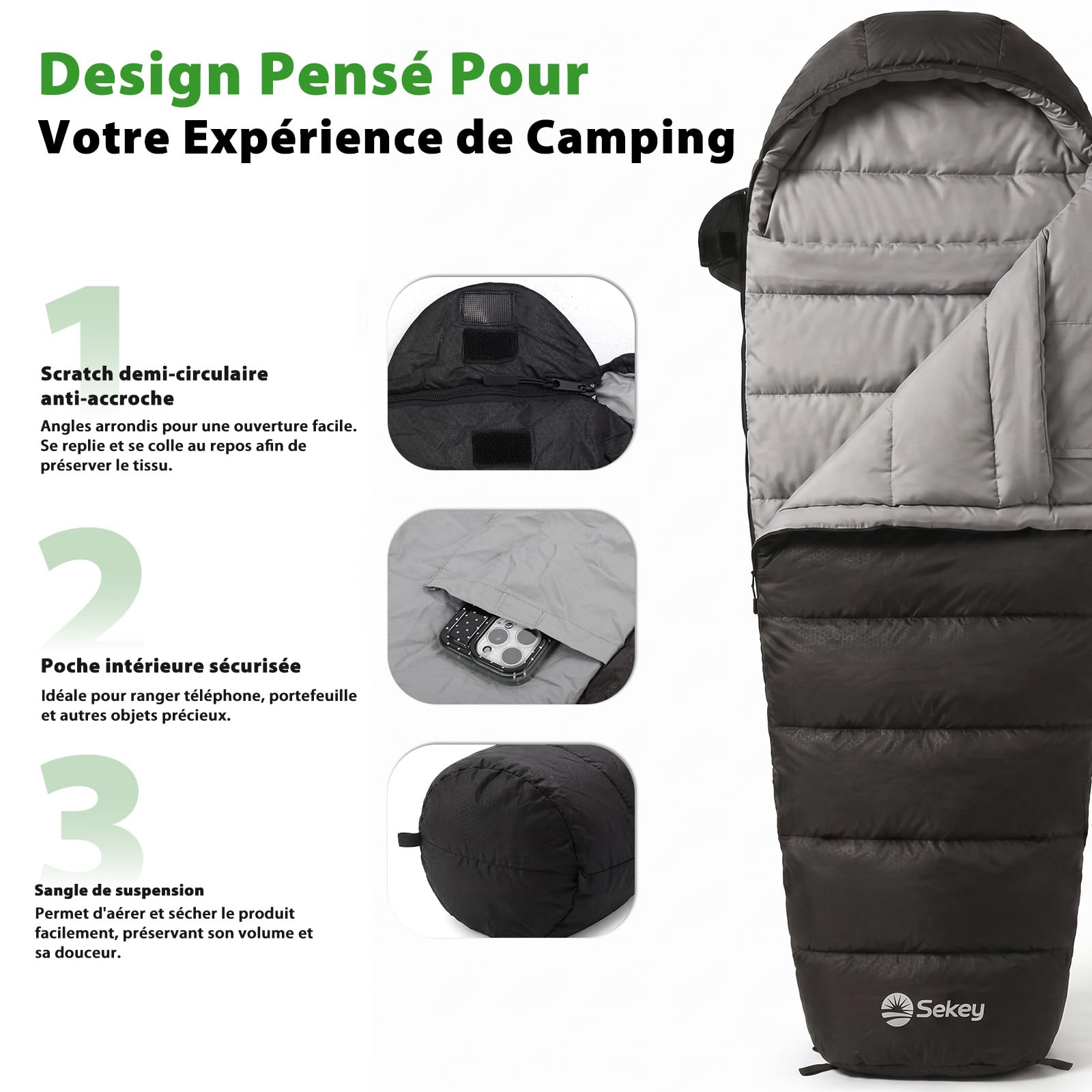 Sekey Sac de Couchage Sarcophage, 0,9 kg/1,6 kg Sac de Couchage Adulte Compact et Trekking, avec Zip Anti-coincement, Imperméable, Déperlant Indéchirable, Respirant Doux, Camping Voyage, 220x80x50 cm