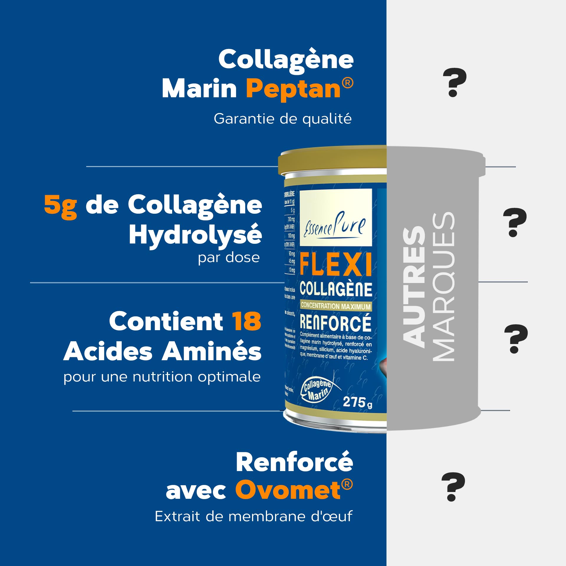 Collagene Marin Poudre 275g | Peptan Collagen Peptides (5g) Collagene Magnesium, Ovomet et Silicium Organique | Complément Alimentaire Articulation Flexi Essence Pure| Api-Nature