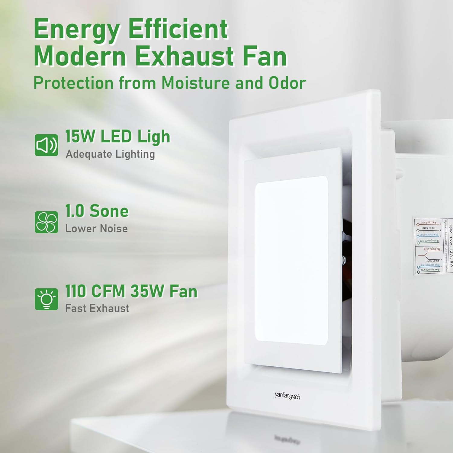 Bathroom Exhaust Fan with Light, 8 Inch Barthroom Ventilation Fan, 110 CFM 1.0 Sones Quiet Exhaust Fan, Square Exhaust Ventilation Fan Ceiling Mount