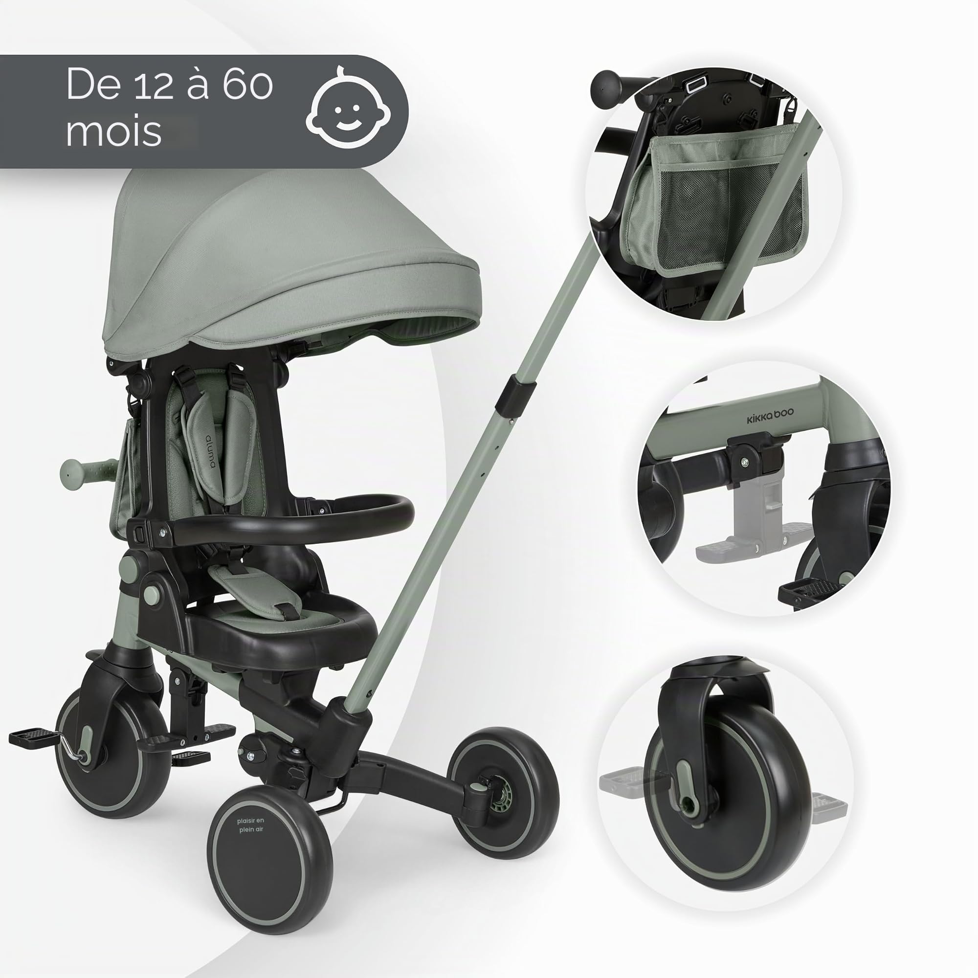 KikkaBoo Tricycle évolutif 8 en 1 ALUMA, de 12 Mois à 5 Ans, Tricycle Poussette Pliable avec poignée pour Parents, Vert
