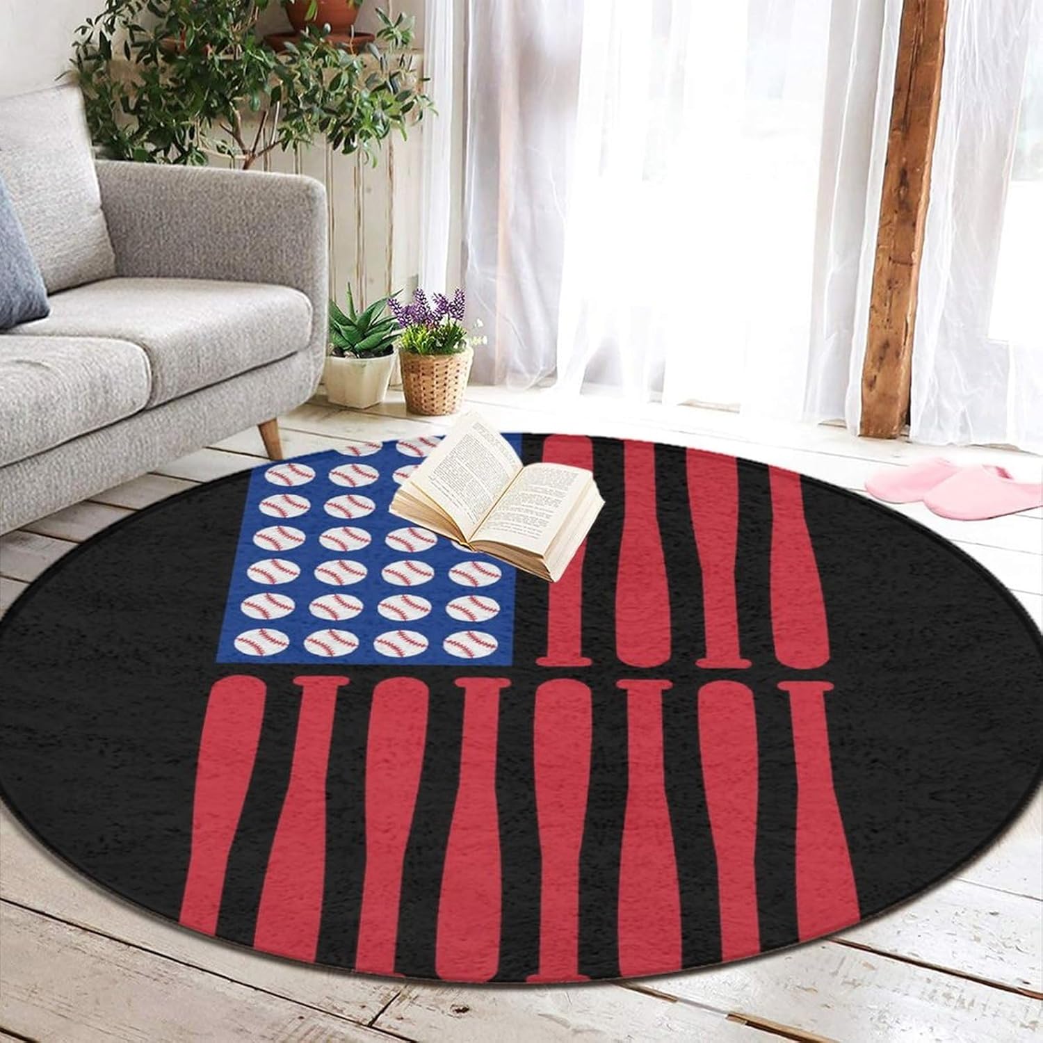 Round Doormat, Non Slip Baseball American Flag Black Area Rugs, Indoor Outdoor Rug, Low-Profile Circle Door Mats for Entry, Garage, Patio, Easy Clean