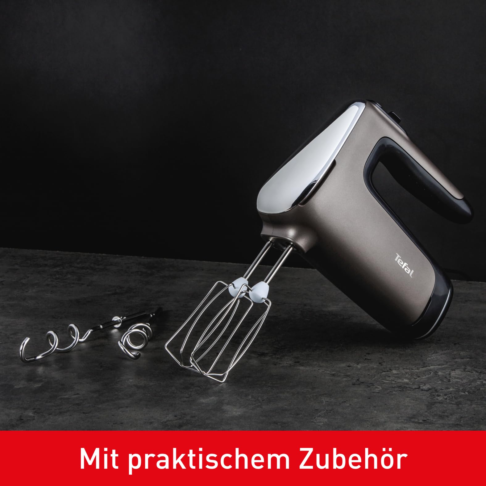 Tefal Power Mix Silence Handmixer, 600 Watt, variabler Geschwindigkeitsregler, Turbo- und Auswurf-Funktion, extrem leiser Motor, Handrührgerät inkl. 2 Rührbesen und 2 Knethaken, grau, HT650E38