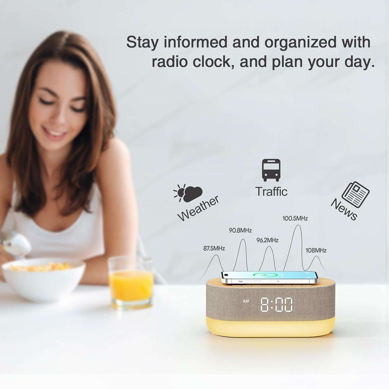 Image showing the HOUSBAY alarm clock with FM radio frequencies and icons for weather, traffic, and news.