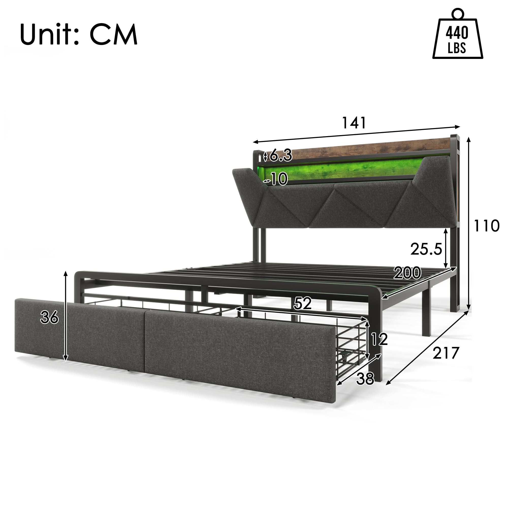 Rtopsu Letto Imbottito Letto Matrimoniale 140x200 cm con Illuminazione a LED e USB Type C, Letti con Contenitore Testata e Cassetti, Struttura Letti con Doghe in Metallo, Lino, Grigio, Senza Materasso