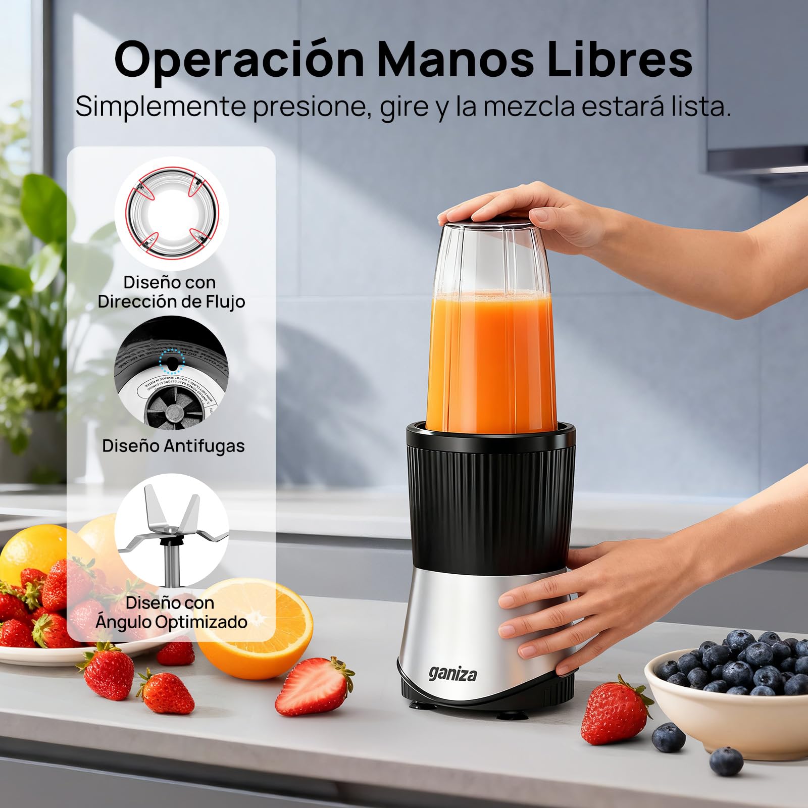 Ganiza Batidora de Vaso, Minilicuadorade 900 W, 25 000 RPM, 3 Vasos Tritan para Llevar (300 ml, 500 ml y 700 ml), 4 Cuchillas Asimétricas, para todo tipo de Batidos y Smoothies