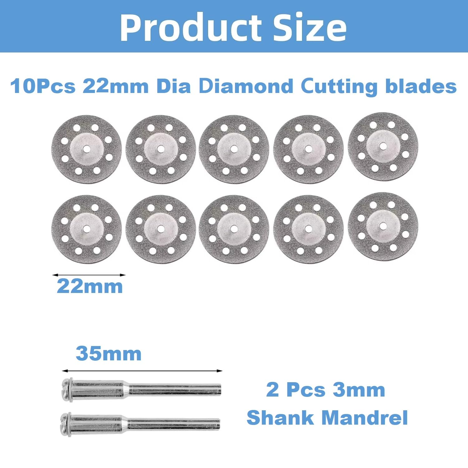MiJunHD 10PCS 22mm Diamond Cutting Discs & 2PCS 3mm Shank Mandrel - Image 2