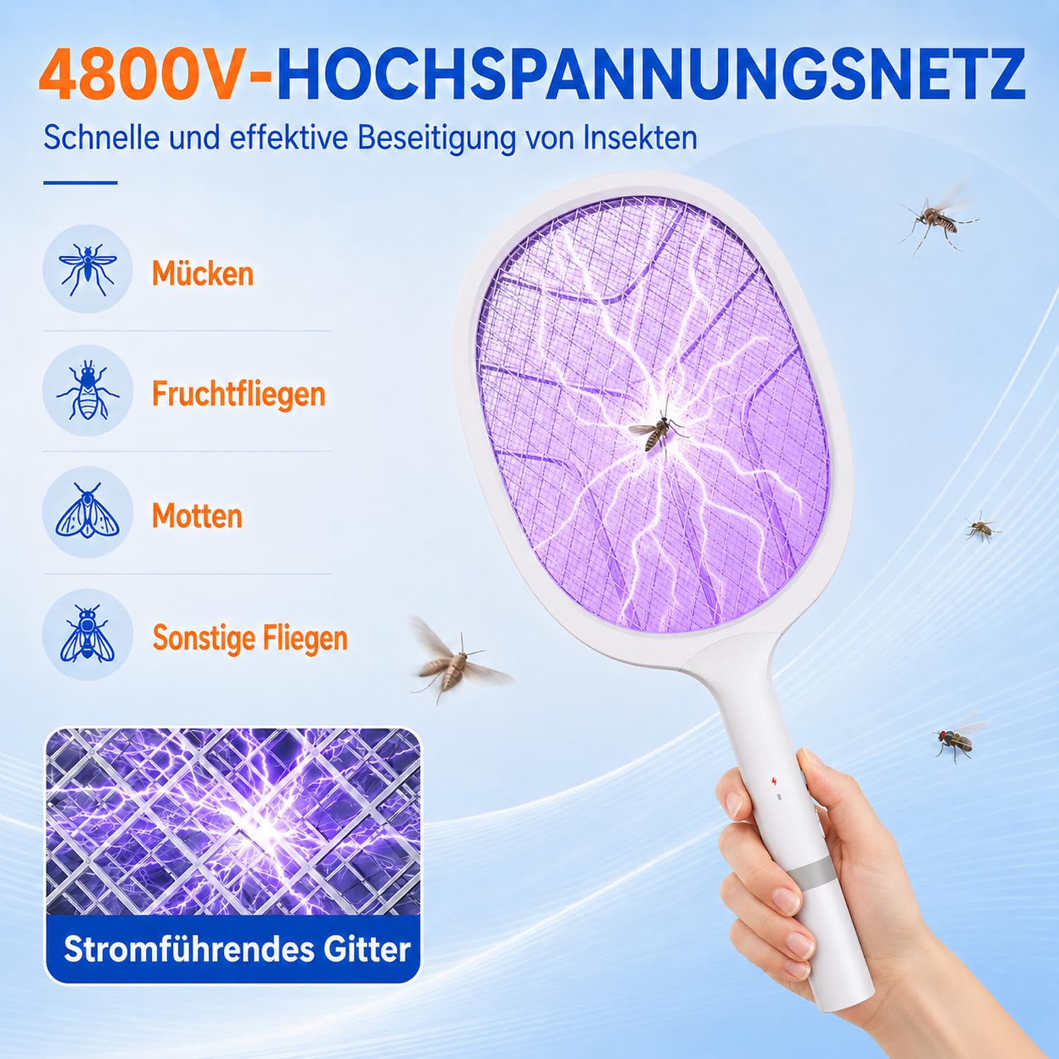 Elektrische Fliegenklatsche: 4800V Fliegenklatsche Elektrisch mit UV Lichtfalle, 2 in 1 USB mit 2000 mAh Akku Aufladbar Abnehmbar Elektro Mückenklatsche mit Ladestation, für Mücken-One