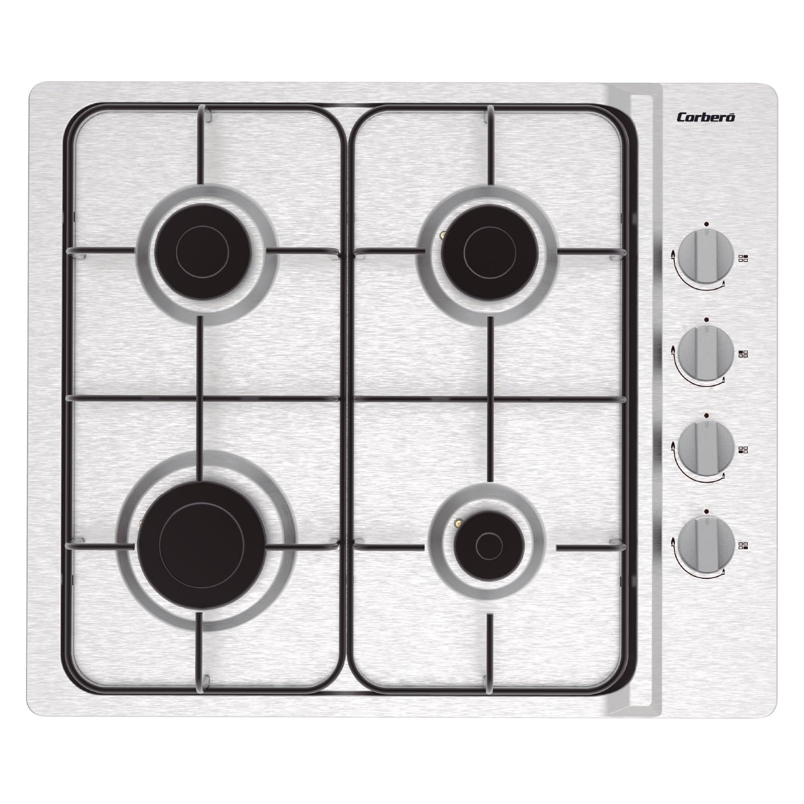 Corberó CPGS423X Piastra Gas Potenza 7,5 Kw, 4 Fuochi, Gas Butano, Colore Inossidabile, Griglia Smalto Nero, Valvola Sicurezza Taglio Gas, Spegnimento Automatico di Sicurezza