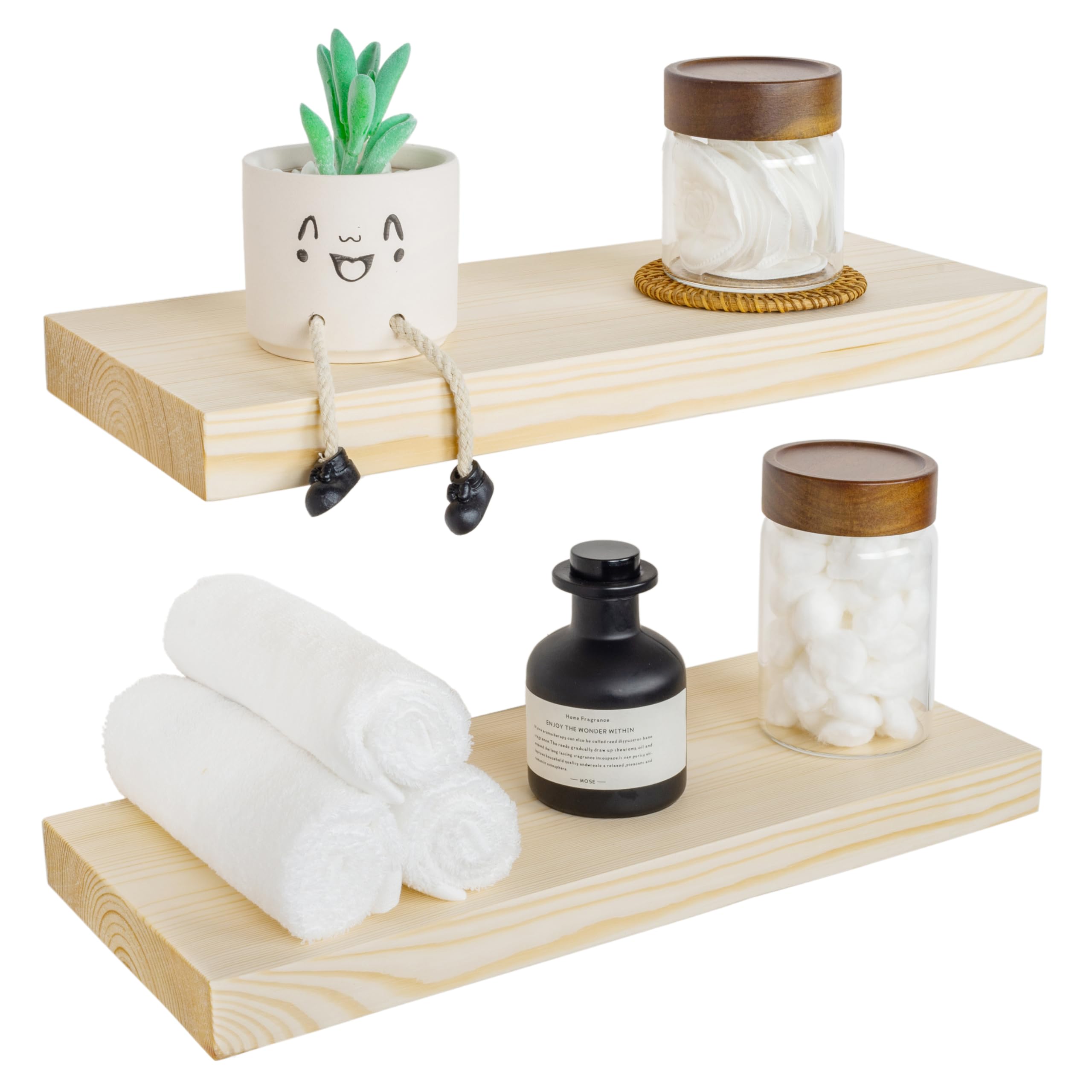 BGMG Wood Floating Shelves for Wall 18 inch, Rustic Wooden Wall Mount Shelves for Bathroom Living Room Bedroom Kitchen Farmhouse Set of 2-18x 6.7 x1.25 inch- DIY-Unfinished