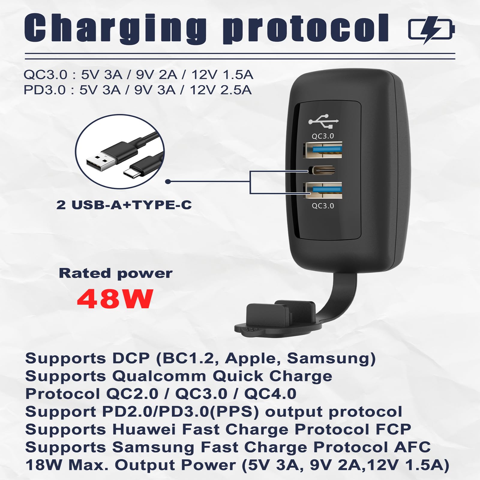 Adattatore di ricarica per auto con presa USB 12 V / 24 V, QC2.0 / 3.0 / 4.0, PD2.0 / 3.0, 48 W doppio QC3.0 e PD3.0 Tipo C Presa di ricarica per auto, barca, camper