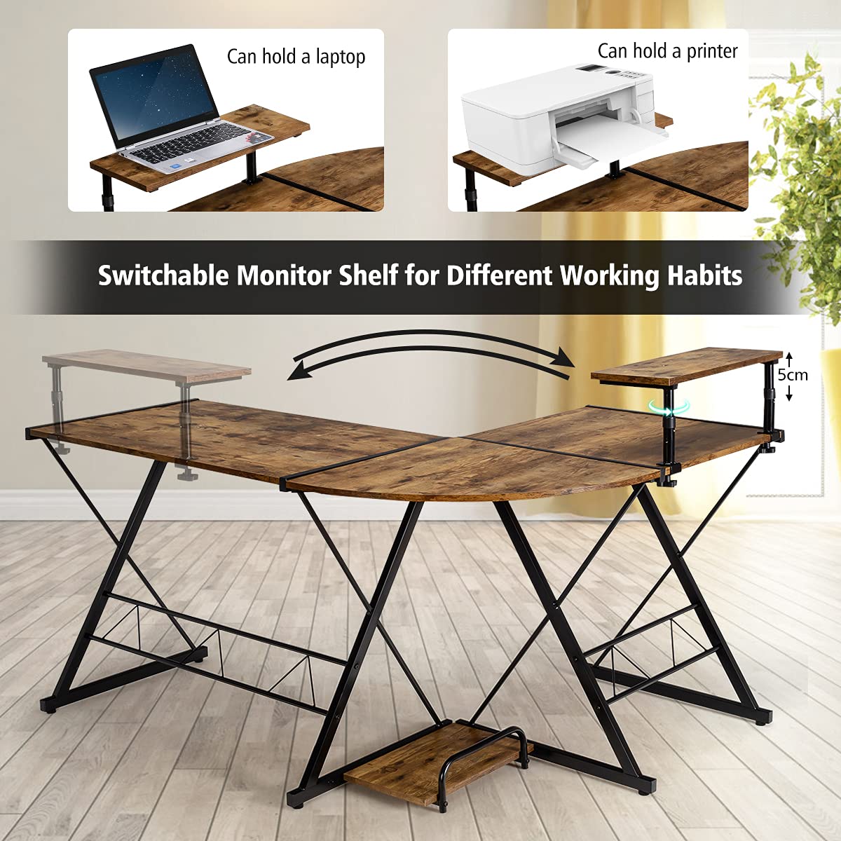 GIANTEX Bureau Informatique d'Angle en Forme L,Table d'Ordinateur avec 2 Étagères et 6 Pieds Réglables,Cadre en Métal,Brun - Maison