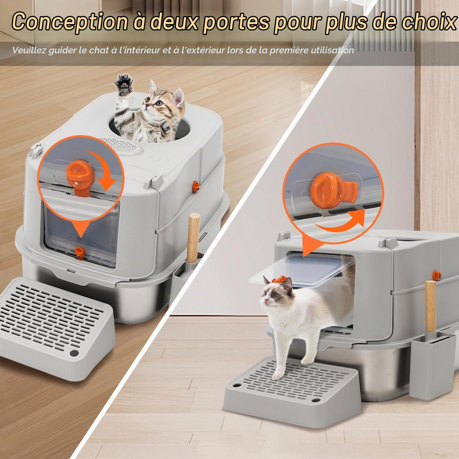 Bac Litière pour Chat,Bac à Litière Fermé pour Chat avec Pelle et Pédale,Litière Haute en avec Couvercle,Caisse Litiere pour Chats avec Double Entrée Plateau Amovible，Gris