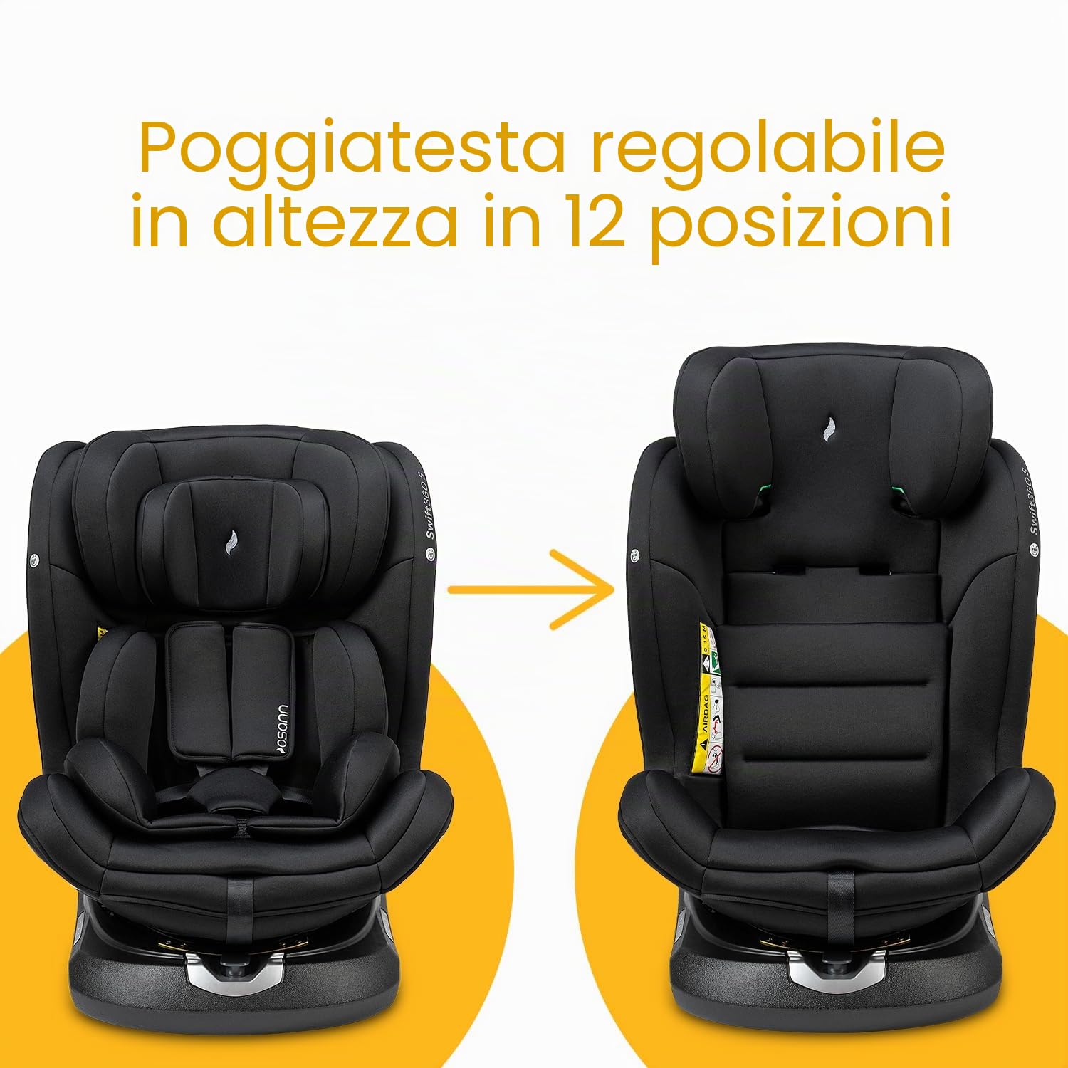 Osann Swift360 S i-Size, seggiolino girevole a 360 gradi, 76-150 cm (9-36 Kg) - All Black