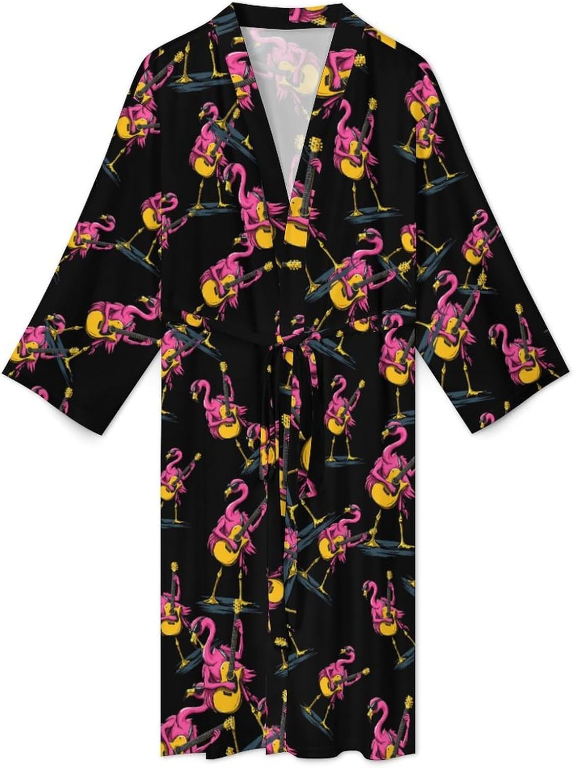Flamingo Playing Guitar Mens Robe Long Bathrobe for Women Bath Robes Lightweight Soft Printed Sleepwear