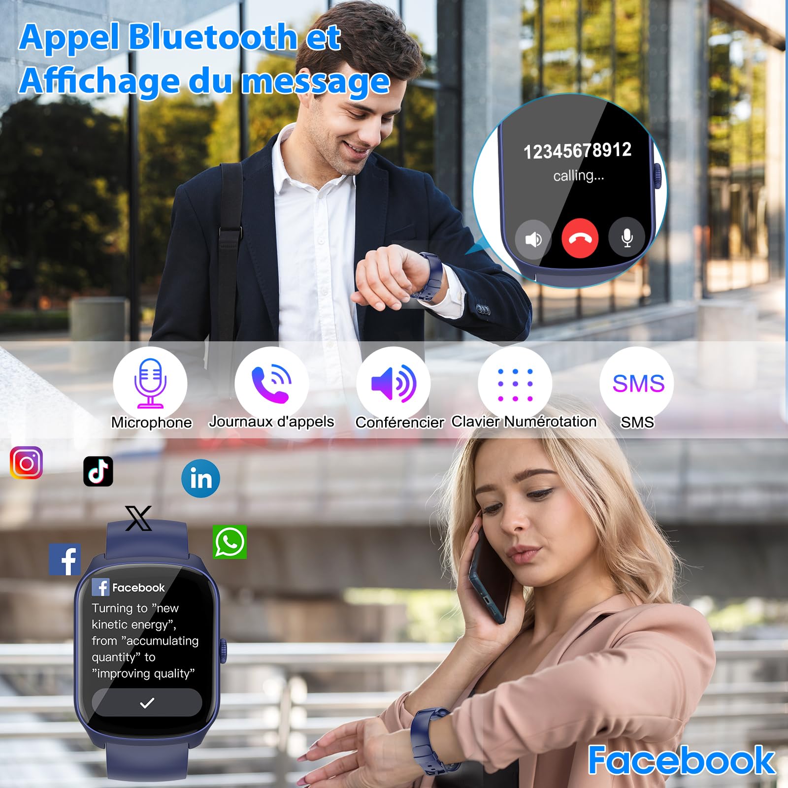Smartwatch Uomo Donna, 1.95" schermo curvo Orologio Smartwatch Chiamate Bluetooth, 110 Modalità Sportive Fitness Tracker, Contapassi Sonno Cardiofrequenzimetro, IP68 Smart watch per iOS Android, Blu